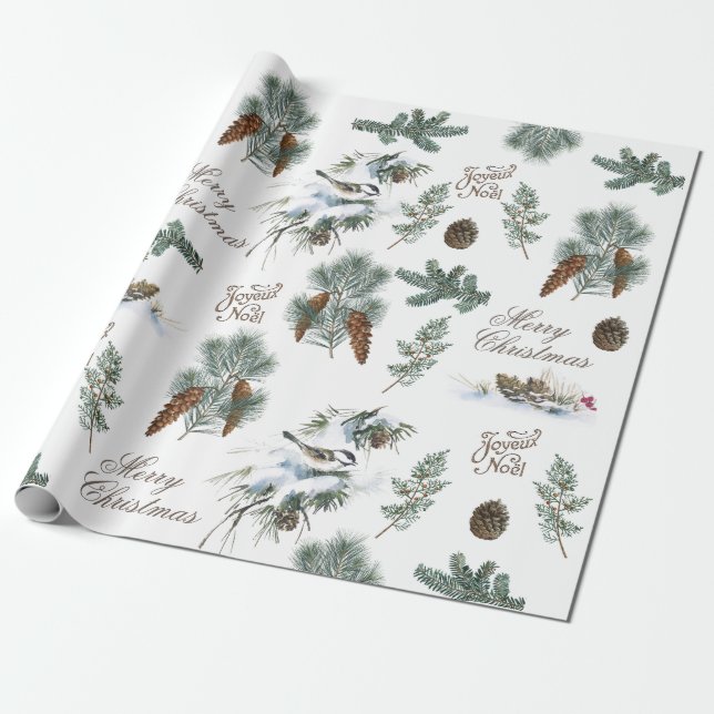 Papier Cadeau Chickadee Bird À feuillage persistant Joyeux Noël  (Déroulé)