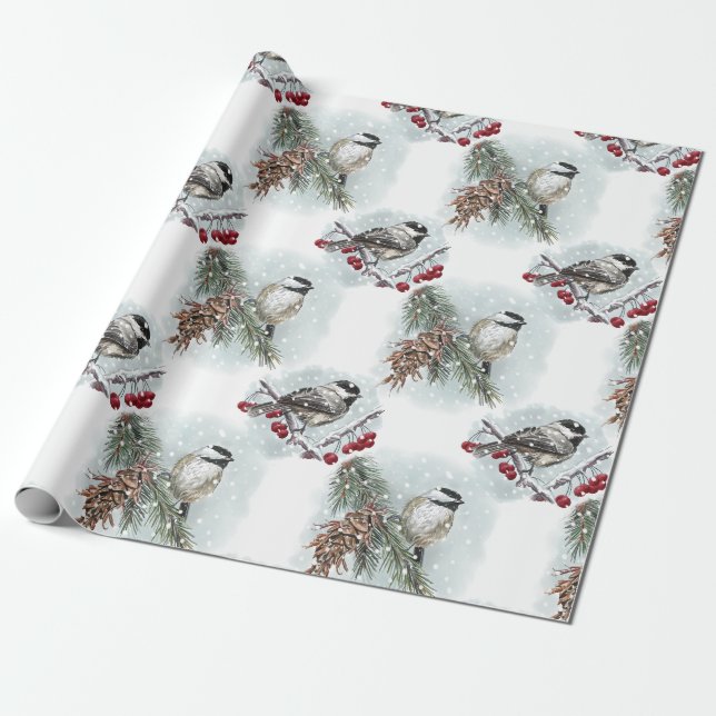 Papier Cadeau Chickados d'hiver, Aquarelle Ferme Noël (Déroulé)