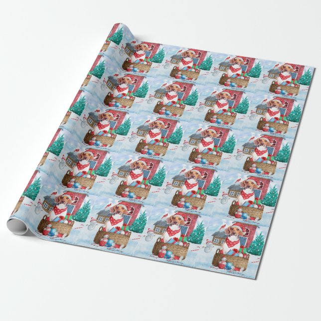 Papier Cadeau Chien beagle dans la neige Maison de Chien de Noël (Déroulé)