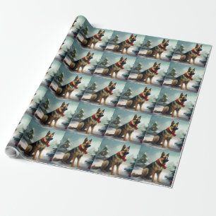 Papier Cadeau Chien berger allemand en Noël de neige