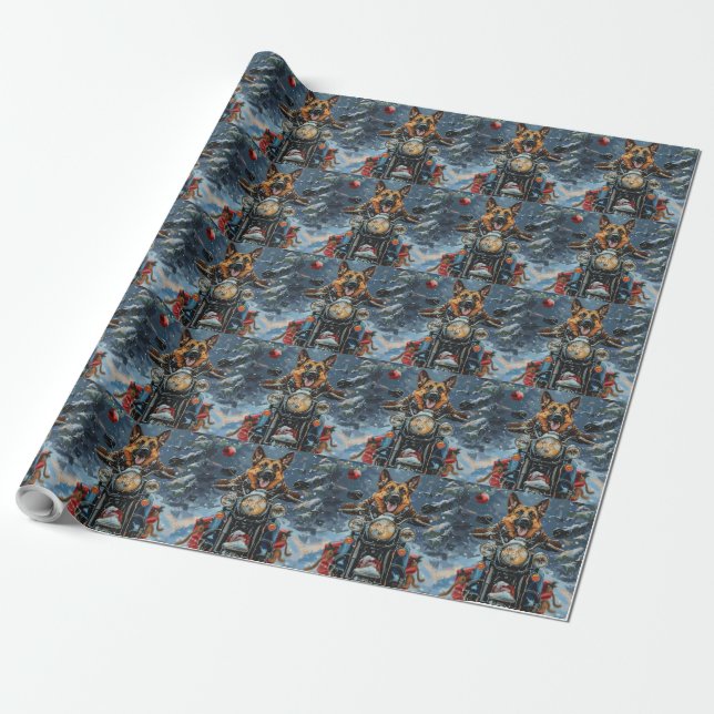 Papier Cadeau Chien berger allemand équitation moto Noël (Déroulé)