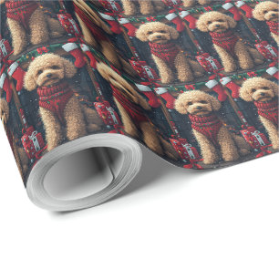 Papier Cadeau Chien Caniche Avec Cheminée De Cadeaux De Noël