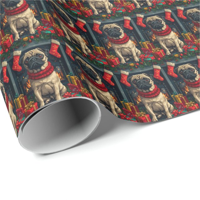 Papier Cadeau Chien Carlin Avec Des Cadeaux De Noël Cheminée  (Coin rond)