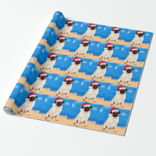 Papier Cadeau Chien carlin sur la plage Noël Chapeau de Noël
