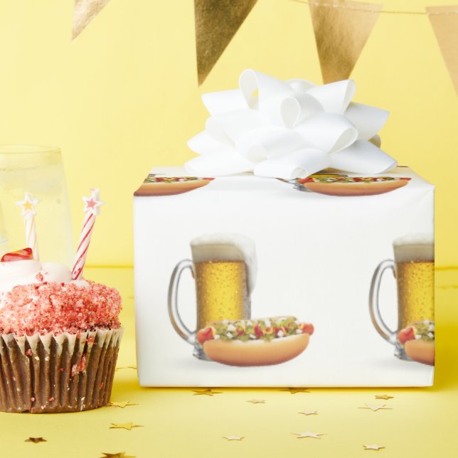 Papier Cadeau Chien chaud et bière sur blanc (Fête d'anniversaire)