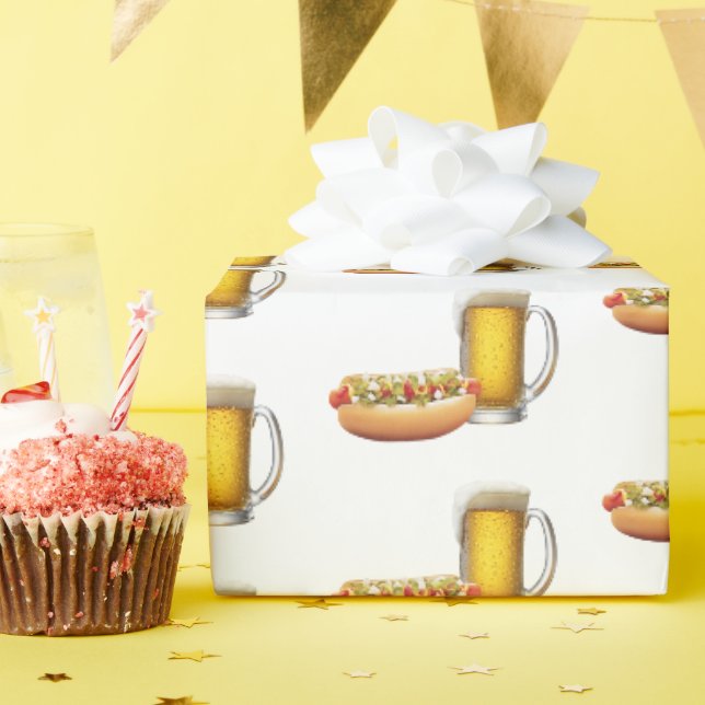 Papier Cadeau Chien chaud et bière sur blanc (Fête d'anniversaire)