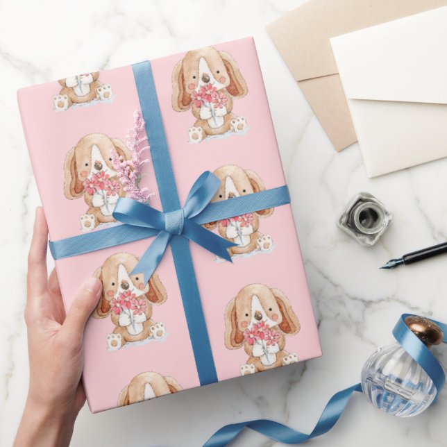 Papier Cadeau Chien chiot avec fleurs (Cadeaux)