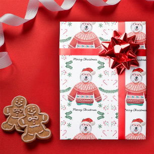 Papier Cadeau Chien d'Alaska portant un pull de Noël Festif