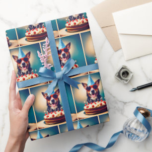 Papier Cadeau Chien d'anniversaire avec gâteau