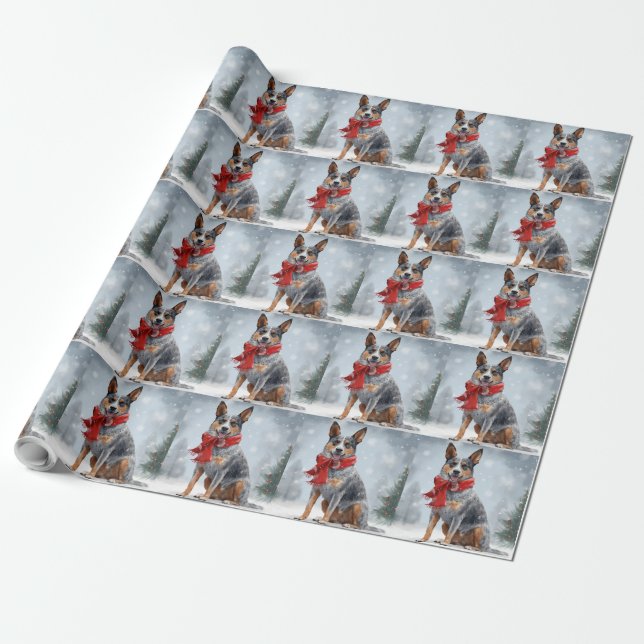 Papier Cadeau Chien de bétail australien à Noël de neige (Déroulé)