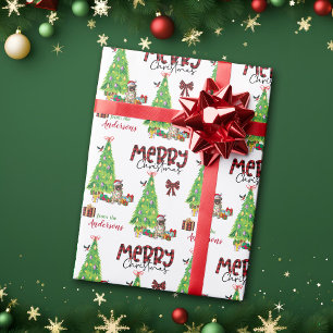 Papier Cadeau Chien de carlin, Oiseau et Arbre de Noël