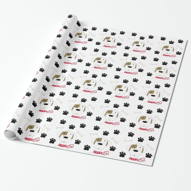 Papier Cadeau Chien de dessin avec Empreintes de pattes (Déroulé)