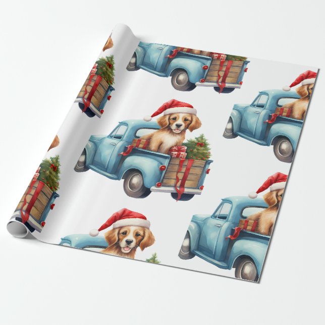 Papier Cadeau Chien de Noël avec papier d'enveloppement cadeaux (Déroulé)