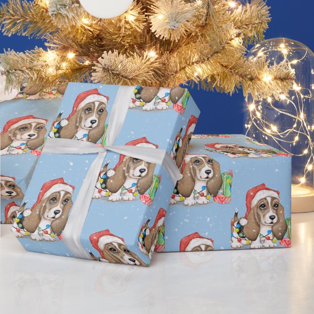 Papier Cadeau Chien de Noël dans les flocons de neige (Vacances)