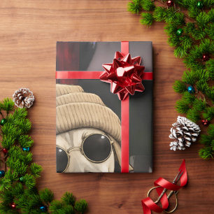 Papier Cadeau Chien de Noël drôle buvant du thé aux bulles