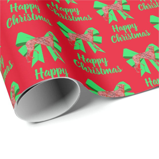 Papier Cadeau Chien de Noël Greyhhound & Bow Rouge Vert (Coin rond)