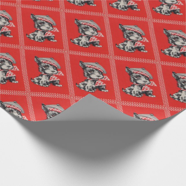 Papier Cadeau chien de Scottie des années 1950 en rouge (Coin)
