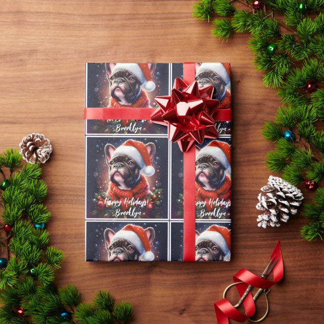 Papier Cadeau Chien de taureau français à Santa Hat (Cadeau de vacances)