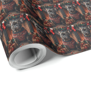 Papier Cadeau Chien de taureau français avec cheminée de cadeaux
