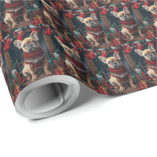 Papier Cadeau Chien de taureau français avec cheminée de cadeaux