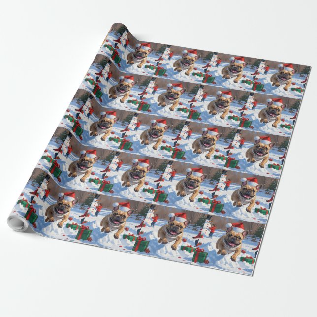 Papier Cadeau Chien de taureau français coule en neige avec Casq (Déroulé)