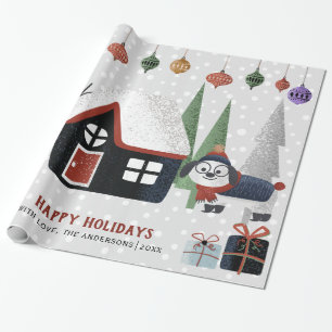 Papier Cadeau Chien d'hiver, arbres et maison Noël