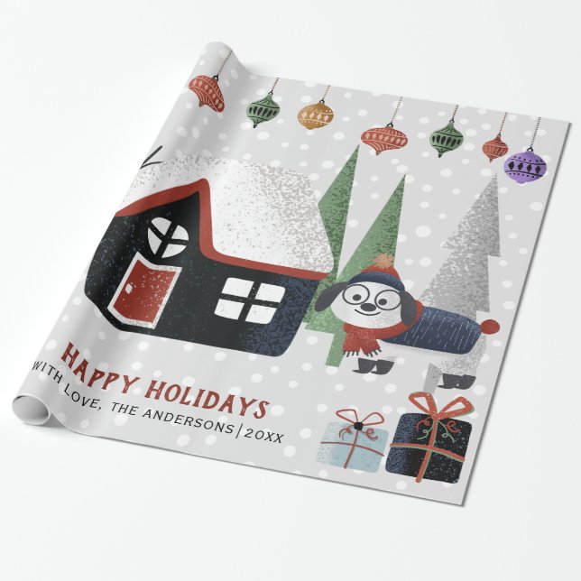 Papier Cadeau Chien d'hiver, arbres et maison Noël (Déroulé)