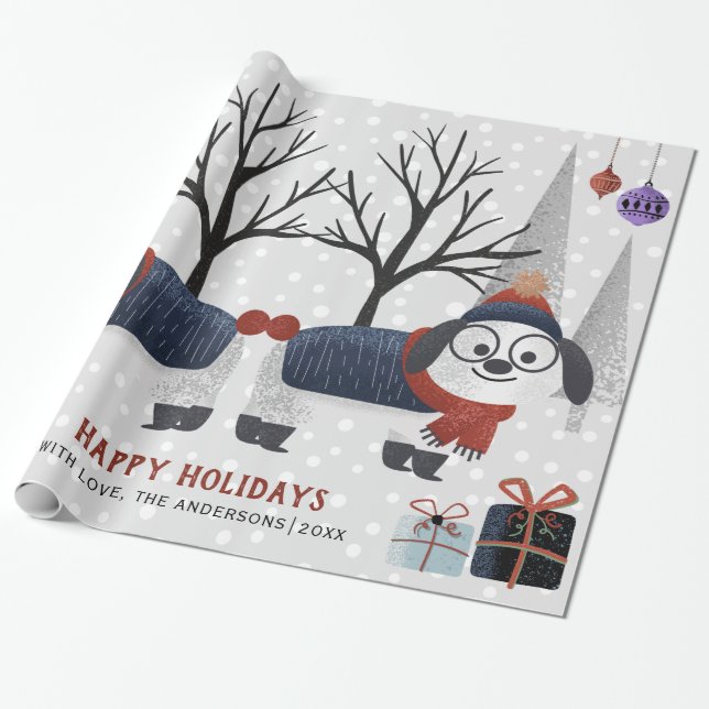 Papier Cadeau Chien d'hiver et arbres Joyeuses vacances Noël (Déroulé)