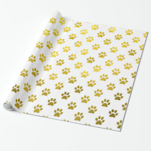 Papier Cadeau Chien Empreinte de patte Gold White Métallo Faux 