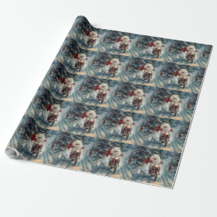 Papier Cadeau Chien Esquimau Américain à moto Noël 