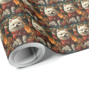 Papier Cadeau Chien Esquimau Américain avec des cadeaux de Noël