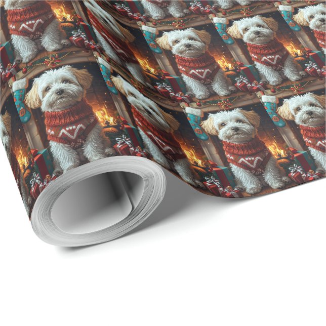 Papier Cadeau Chien Havanais avec cadeaux de Noël (Coin rond)