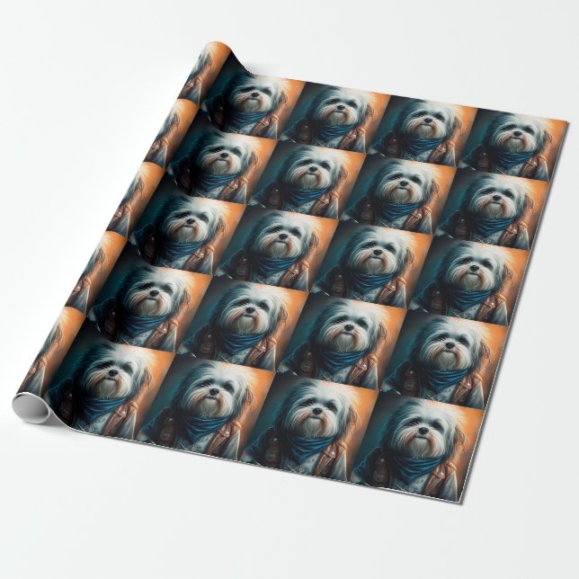 Papier Cadeau Chien Havanais en vélo peinture numérique (Déroulé)