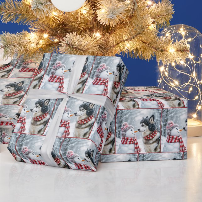 Papier Cadeau Chien Husky de Noël avec Snowman (Vacances)