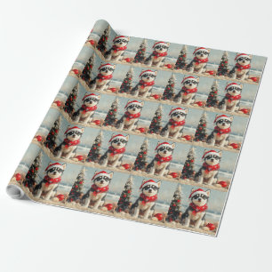 Papier Cadeau Chien Husky Sibérien Noël Plage Vintage
