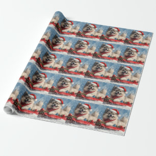 Papier Cadeau Chien Keeshond en Traîneau Qu'il neige Noël