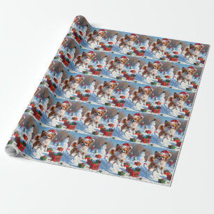 Papier Cadeau Chien Papillon courant dans la neige avec un chape