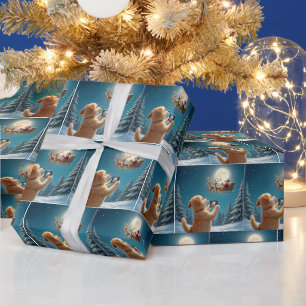 Papier Cadeau Chien Photographiant Le Père Noël À Sleigh