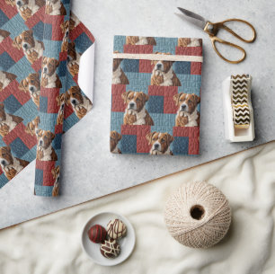 Papier Cadeau Chien Quilé sur Motif Patchwork
