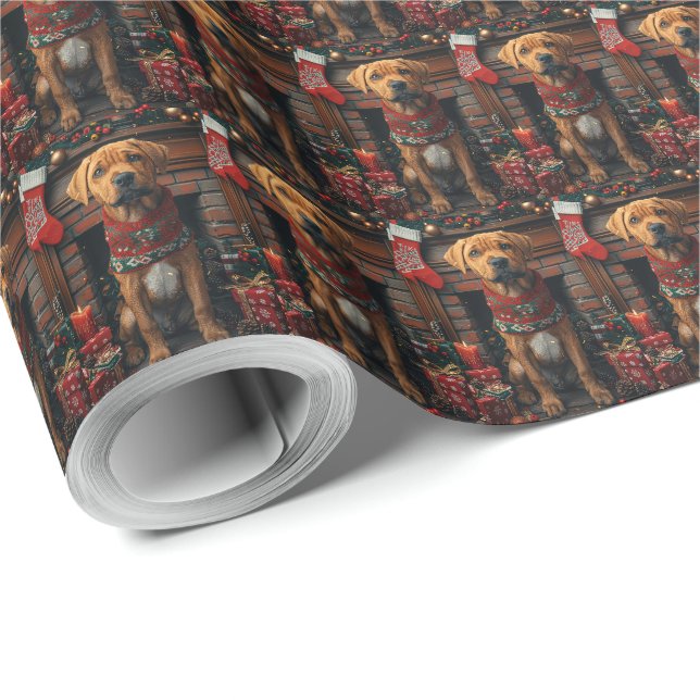 Papier Cadeau Chien Rhodesian Ridgeback Avec Cadeaux De Noël (Coin rond)