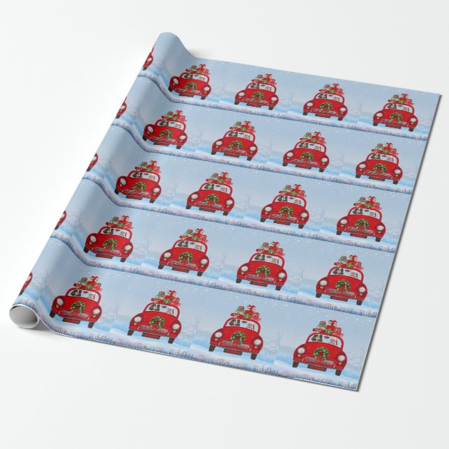 Papier Cadeau Chien Roi Cavalier En Voiture Avec Le Père Noël (Déroulé)