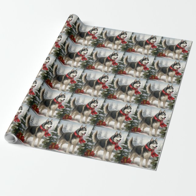 Papier Cadeau Chien sibérien Husky à Noël de neige (Déroulé)