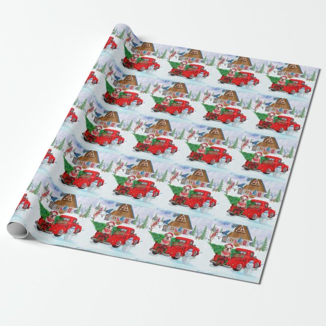 Papier Cadeau Chien-taureau Anglais En Livraison De Noël Camion  (Déroulé)