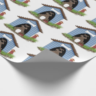 Papier Cadeau chien taureau dans une maison de chien avec hydrat