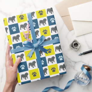 Papier Cadeau Chien-taureau et silhouette paw Grille jaune&bleu 