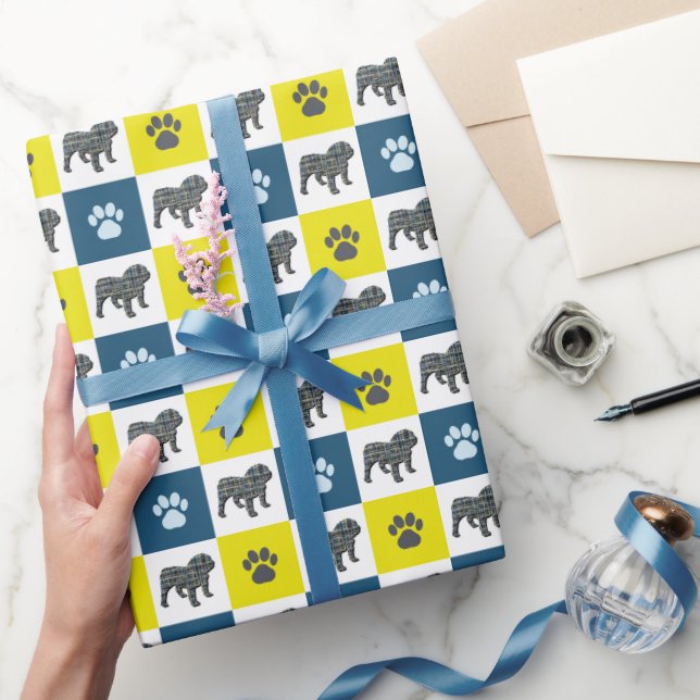 Papier Cadeau Chien-taureau et silhouette paw Grille jaune&bleu  (Cadeaux)