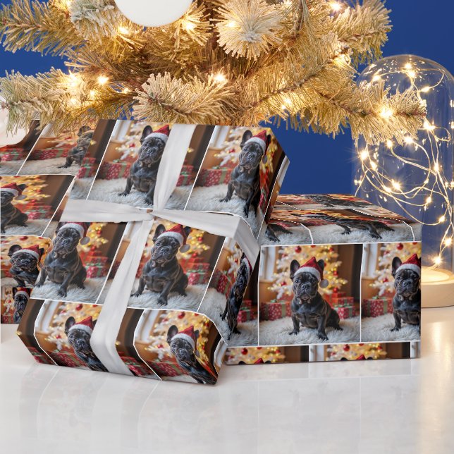 Papier Cadeau Chien-taureau français de Noël sur tapis fourrure (Vacances)