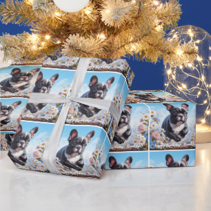 Papier Cadeau Chien-taureaux et fleurs français noir et blanc