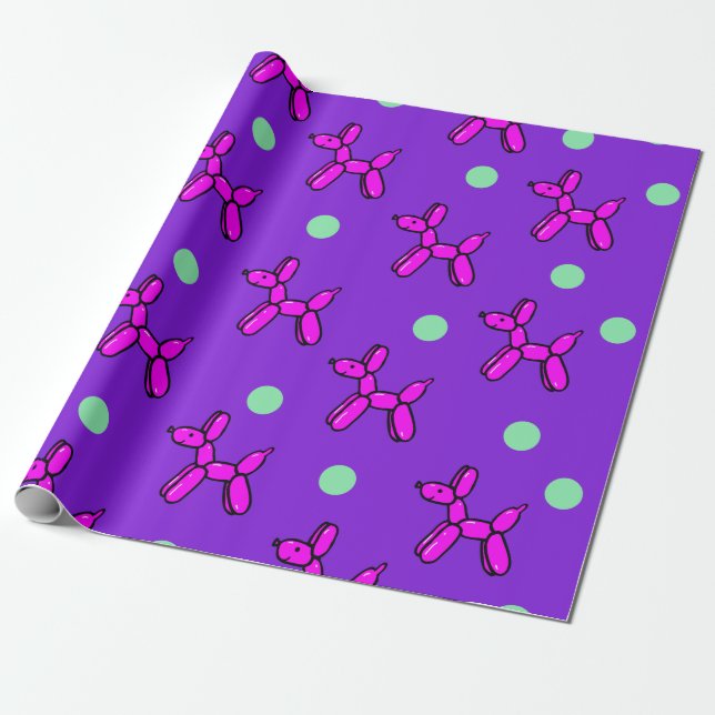 Papier Cadeau Chiens à ballons roses et violets enveloppant du p (Déroulé)