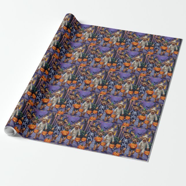 Papier Cadeau Chiens Airedale Terrier Trick-or-Treating Hallowee (Déroulé)